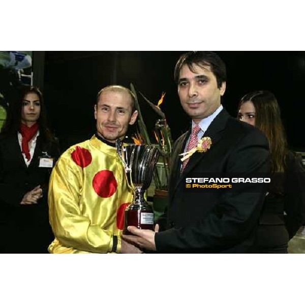 dott. Raffaele Marra gives the trophy to Gabriele Bietolini winner with Once More Dubai of Premio Nastro d\'Oro di Sicilia at Mediterraneo racecourse Siracusa, 12th jan. 2008 ph. Stefano Grasso