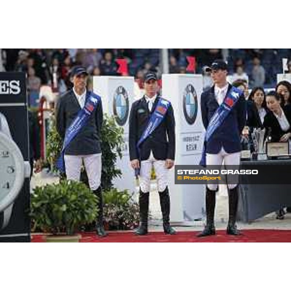 LGCT of Shanghai - Prize giving ceremony - Gregory Wathelet (BEL), Ben Maher (GBR), Daniel Deusser (GER) - Shanghai, - 21 April 2018 - ph.Mario Grassia/LGCT