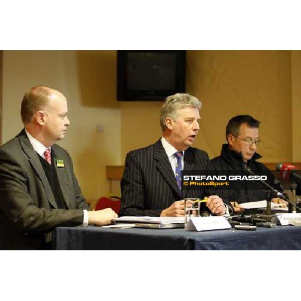 Edward Gillespie, Managing Director of Cheltenham Racecourse making a statement during the press conference alongside Simon Claisse, Director of Racing and Clerck of the Course and Andy Clifton, Communications MAnager. Cheltenham, 12th march 2008 ph. Stef