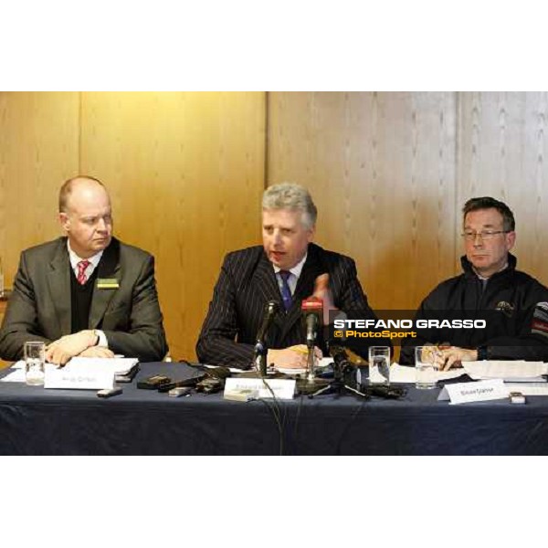Edward Gillespie, Managing Director of Cheltenham Racecourse making a statement during the press conference alongside Simon Claisse, Director of Racing and Clerck of the Course and Andy Clifton, Communications MAnager. Cheltenham, 12th march 2008 ph. Stef