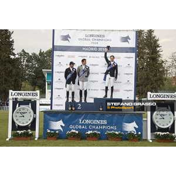 LGCT of Madrid - Prize giving -The podium: 1st Ben Maher (GBR), 2nd Eduardo Alvarez Aznar (ESP) and Nicola Philippaerts. - 5 May 2018 - ph.Stefano Grasso/LGCT