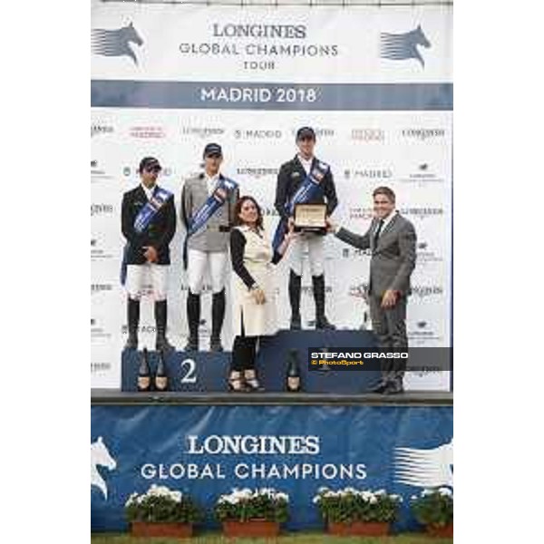 LGCT of Madrid - Prize giving -The podium: 1st Ben Maher (GBR), 2nd Eduardo Alvarez Aznar (ESP) and Nicola Philippaerts. Juan Carlos Capelli (VP and Head of International marketing at Longines), Marta Orozco. - 5 May 2018 - ph.Stefano Grasso/LGCT