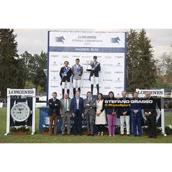 LGCT of Madrid - Prize giving -The podium: 1st Ben Maher (GBR), 2nd Eduardo Alvarez Aznar (ESP) and Nicola Philippaerts. Marta Figueras, Juan Carlos Capelli (VP and Head of International marketing at Longines), Marta Orozco, Javier Revuelta, Marisols Casado, Jan Tops (President of LGCT and co-founder of GCL), Alvaro Arrieta - 5 May 2018 - ph.Stefano Grasso/LGCT