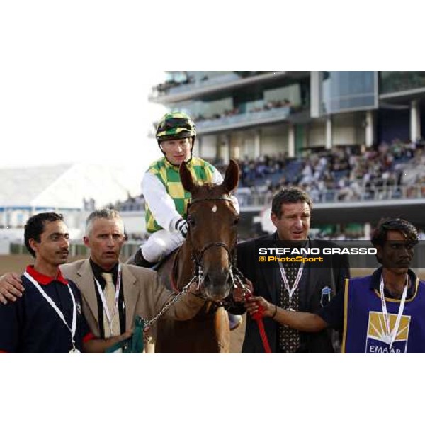 Tadhg O\' Shea on Mizzna poses with his connection after winning the Dubai Kahayla Classic Dubai, Nad El Sheba racetrack, 29th march 2008 ph. Stefano Grasso