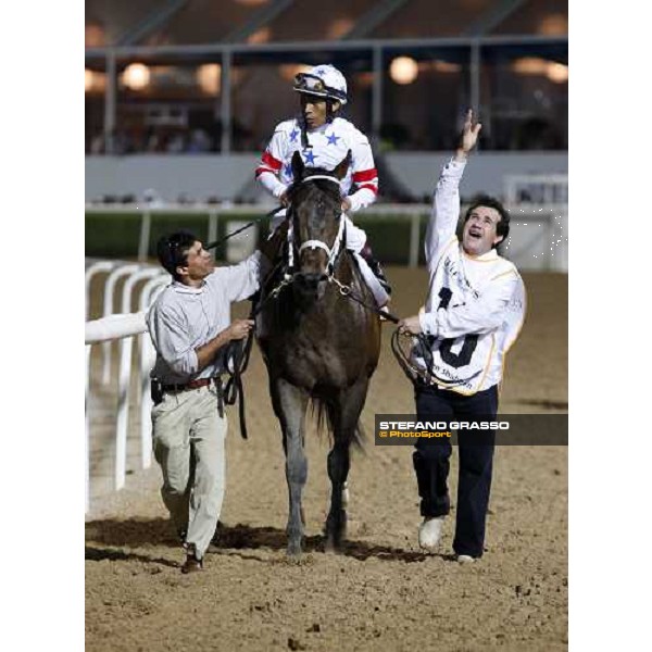 Edgard Prado comes back in triumph on Benny The Bull after winning the Dubai Golden Shaheen Dubai, Nad El Sheba racetrack, 29th march 2008 ph. Stefano Grasso