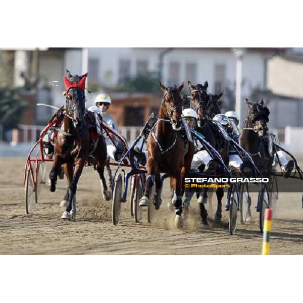 Enrico Bellei with Iglesias leads at the first turn on Idole di Poggio and Impeto Grif and goes to win the Gran Premio Cittˆ di Torino Torino, Vinovo racetrack 5th april 2008 ph. Stefano Grasso