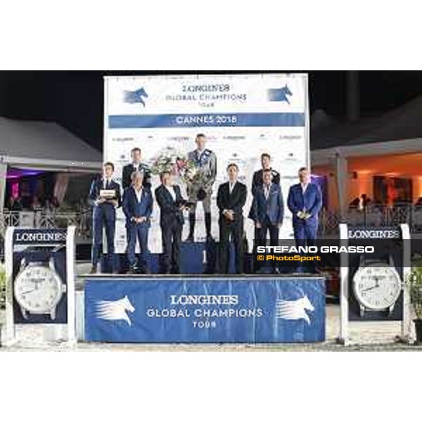 LGCT of Cannes - Grand Prix - Prize giving ceremony - The podium: 1st Peder Fredricson (SWE), 2nd Harrie Smolders (NED) and 3rd Simon Delestre (FRA). Francois Bourey, Jan Tops, David Lisnard, Armand Vigneras, Frederic Delabrouille, Boris Lemery - Cannes, Stade des Hesperides - 9 June 2018 - ph.Stefano Grasso/LGCT