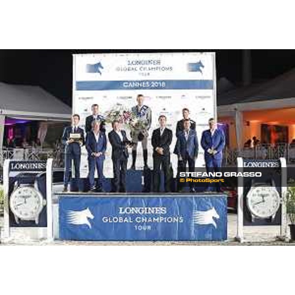 LGCT of Cannes - Grand Prix - Prize giving ceremony - The podium: 1st Peder Fredricson (SWE), 2nd Harrie Smolders (NED) and 3rd Simon Delestre (FRA). Francois Bourey, Jan Tops, David Lisnard, Armand Vigneras, Frederic Delabrouille, Boris Lemery - Cannes, Stade des Hesperides - 9 June 2018 - ph.Stefano Grasso/LGCT