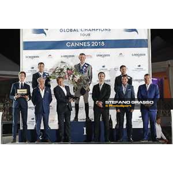 LGCT of Cannes - Grand Prix - Prize giving ceremony - The podium: 1st Peder Fredricson (SWE), 2nd Harrie Smolders (NED) and 3rd Simon Delestre (FRA). Francois Bourey, Jan Tops, David Lisnard, Armand Vigneras, Frederic Delabrouille, Boris Lemery - Cannes, Stade des Hesperides - 9 June 2018 - ph.Stefano Grasso/LGCT
