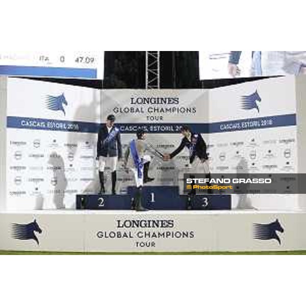 LGCT of Cascais-Estoril - Grand Prix - Prize giving ceremony - The podium: 1st Nicola Philippaerts (BEL), 2nd Gregory Wathelet (BEL) and 3rd Eduardo Alvarez Aznar (ESP). Ana Paula Pereira, Carlos Carreiras, Jan Tops (President of LGCT and co-founder of GCL), Duarte Guedes - Cascais-Estoril, Hipodromo Manuel Possolo, 16 June 2018 - ph.Stefano Grasso/LGCT