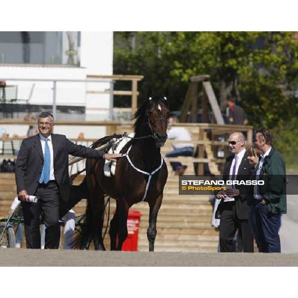 Francesco Ruffo enters the track with Varenne and Giampaolo Minnucci for paraing in front of the racegoers at Solvalla Solvalla, 25th may 2008 ph. Stefano Grasso