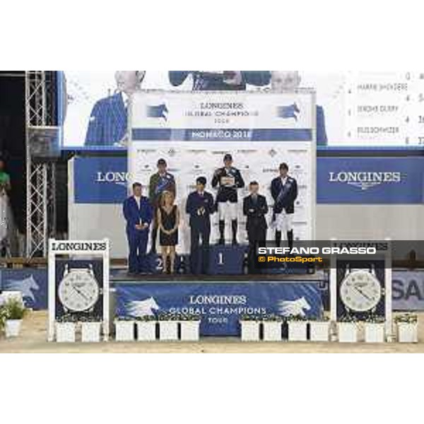 LGCT of Monaco - Prize giving ceremony - The podium: 1st Shane Breen (IRL), 2nd Alberto Zorzi (ITA) and 3rd Denis Lynch (IRL), Jan Tops (President of LGCT and co-founder of GCL), Diane Fissore, Jung Woo-Sung, Samuel Guelat - Monaco, Port Hercule, 30 June 2018 - ph.Stefano Grasso/LGCT
