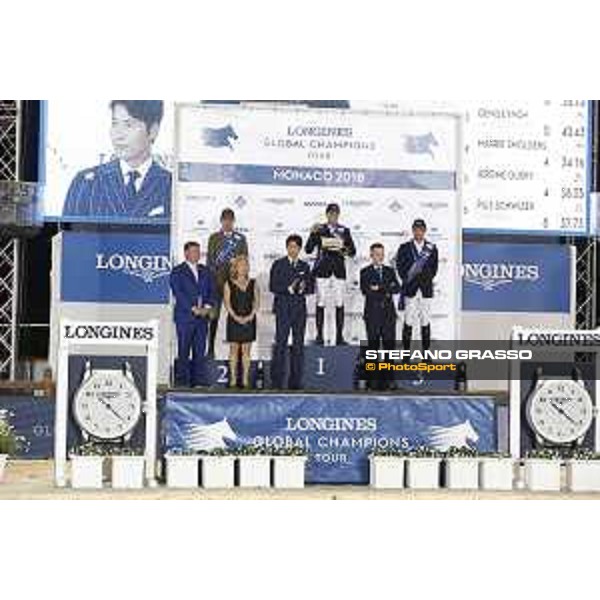 LGCT of Monaco - Prize giving ceremony - The podium: 1st Shane Breen (IRL), 2nd Alberto Zorzi (ITA) and 3rd Denis Lynch (IRL), Jan Tops (President of LGCT and co-founder of GCL), Diane Fissore, Jung Woo-Sung, Samuel Guelat - Monaco, Port Hercule, 30 June 2018 - ph.Stefano Grasso/LGCT