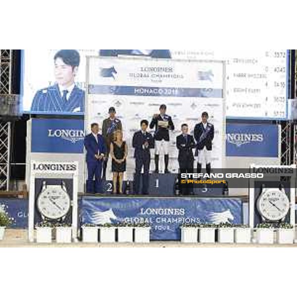 LGCT of Monaco - Prize giving ceremony - The podium: 1st Shane Breen (IRL), 2nd Alberto Zorzi (ITA) and 3rd Denis Lynch (IRL), Jan Tops (President of LGCT and co-founder of GCL), Diane Fissore, Jung Woo-Sung, Samuel Guelat - Monaco, Port Hercule, 30 June 2018 - ph.Stefano Grasso/LGCT