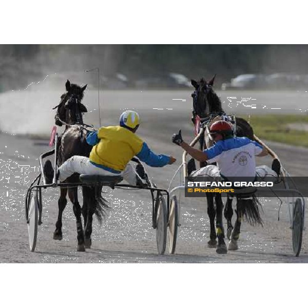 Khavizov Dinar with Angel Sirrius exults after winning the Slovenian leg of Mediterranean Trotting Championship Ljubljana, 6th july 2008 ph. Stefano Grasso