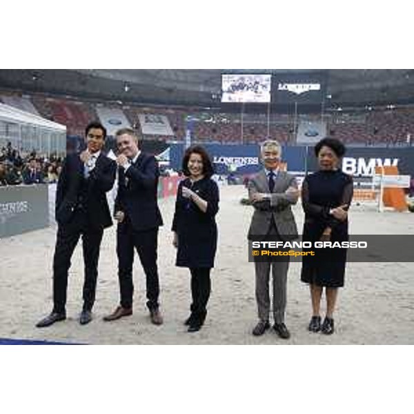 Longines Beijing Masters From left to right : Eddie Peng, Longines Ambassador of Elegance, Samuel Guelat, Longines International Advertising Manager, Susan Chen, President of Swatch Group, Dennis Li, Vice President of Longines China and Jing Li, President of Dashing Equestrian. Beijing, 14 nov. 2018 - ph.Stefano Grasso/LBM