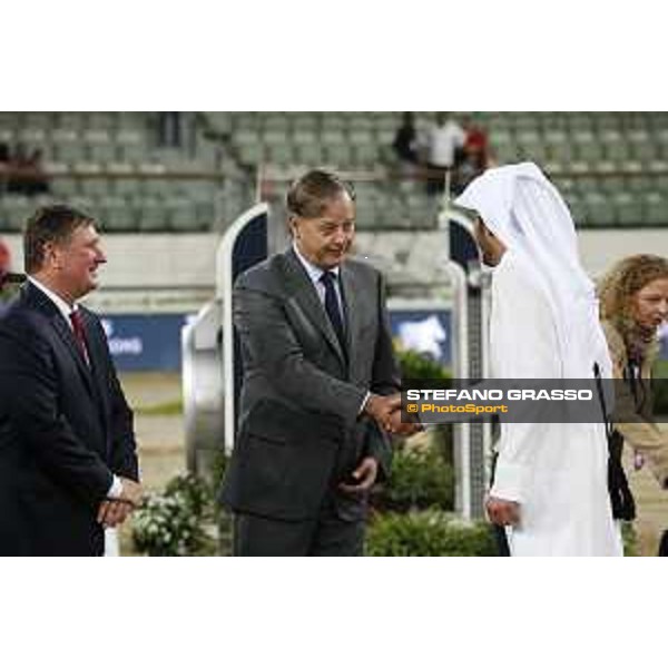 LGCT of Doha - Grand Prix Prize giving ceremony - Sheikh Joaan Bin Hamad Al Thani, Jan Tops (President of LGCT and co-founder of GCL), Charles Villoz (VP and Head of International Sales at Longines) - Doha - Al Shaqab, 10 November 2018 - ph.Stefano Grasso/LGCT