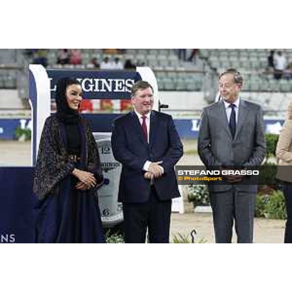 LGCT of Doha - Grand Prix Prize giving ceremony - HH Sheikha Moza Bint Nasser Al Missned, Jan Tops (President of LGCT and co-founder of GCL), Charles Villoz (VP and Head of International Sales at Longines) - Doha - Al Shaqab, 10 November 2018 - ph.Stefano Grasso/LGCT