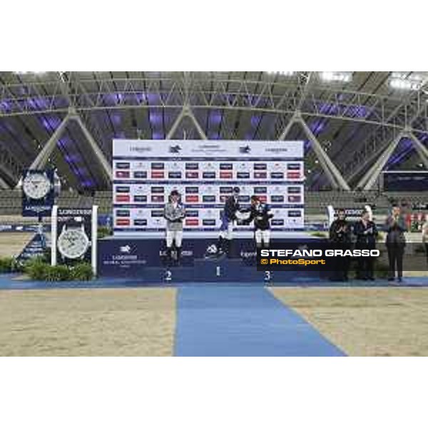 LGCT of Doha - Grand Prix Prize giving ceremony - The podium: 1st Ben Maher, 2nd Peder Fredricson (SWE), 3rd Harrie Smolders (NED). Sheikha Moza Bint Nasser Al Missned, Jan Tops (President of LGCT and co-founder of GCL), Charles Villoz (VP and Head of International Sales at Longines) - Doha - Al Shaqab, 10 November 2018 - ph.Stefano Grasso/LGCT