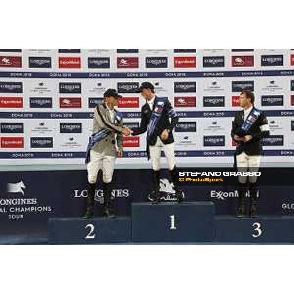 LGCT of Doha - Grand Prix Prize giving ceremony - The podium: 1st Ben Maher, 2nd Peder Fredricson (SWE), 3rd Harrie Smolders (NED) - Doha - Al Shaqab, 10 November 2018 - ph.Stefano Grasso/LGCT