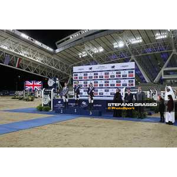 LGCT of Doha - Grand Prix Prize giving ceremony - The podium: 1st Ben Maher, 2nd Peder Fredricson (SWE), 3rd Harrie Smolders (NED). Sheikha Moza Bint Nasser Al Missned, Jan Tops (President of LGCT and co-founder of GCL), Charles Villoz (VP and Head of International Sales at Longines) - Doha - Al Shaqab, 10 November 2018 - ph.Stefano Grasso/LGCT