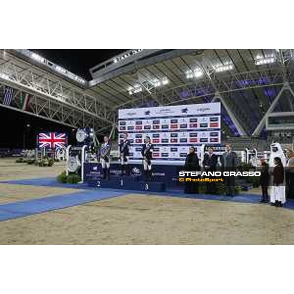 LGCT of Doha - Grand Prix Prize giving ceremony - The podium: 1st Ben Maher, 2nd Peder Fredricson (SWE), 3rd Harrie Smolders (NED). Sheikha Moza Bint Nasser Al Missned, Jan Tops (President of LGCT and co-founder of GCL), Charles Villoz (VP and Head of International Sales at Longines) - Doha - Al Shaqab, 10 November 2018 - ph.Stefano Grasso/LGCT