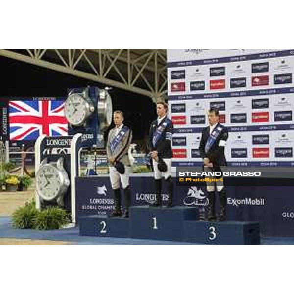 LGCT of Doha - Grand Prix Prize giving ceremony - The podium: 1st Ben Maher, 2nd Peder Fredricson (SWE), 3rd Harrie Smolders (NED) - Doha - Al Shaqab, 10 November 2018 - ph.Stefano Grasso/LGCT
