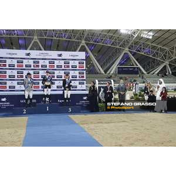 LGCT of Doha - Grand Prix Prize giving ceremony - The podium: 1st Ben Maher (GBR), 2nd Peder Fredricson (SWE) and 3rd Harrie Smolders (NED). Sheikha Moza Bint Nasser Al Missned, Jan Tops (President of LGCT and co-founder of GCL), Charles Villoz (VP and Head of International Sales at Longines), Sheikh Joaan Bin Hamad Al Thani - Doha - Al Shaqab, 10 November 2018 - ph.Stefano Grasso/LGCT
