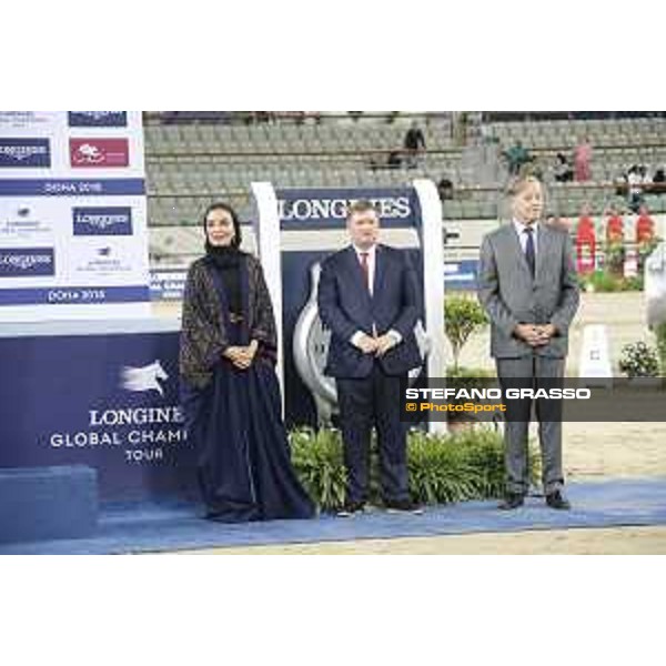 LGCT of Doha - Grand Prix Prize giving ceremony - Sheikha Moza Bint Nasser Al Missned, Jan Tops (President of LGCT and co-founder of GCL), Charles Villoz (VP and Head of International Sales at Longines) - Doha - Al Shaqab, 10 November 2018 - ph.Stefano Grasso/LGCT