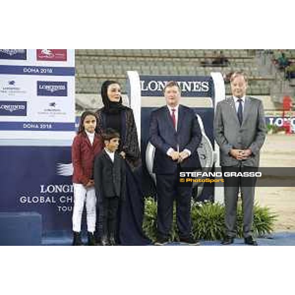 LGCT of Doha - Overall standing Prize giving ceremony - Sheikha Moza Bint Nasser Al Missned, Jan Tops (President of LGCT and co-founder of GCL), Charles Villoz (VP and Head of International Sales at Longines) - Doha - Al Shaqab, 10 November 2018 - ph.Stefano Grasso/LGCT