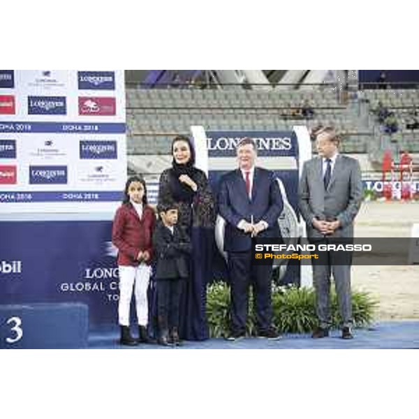 LGCT of Doha - Overall standing Prize giving ceremony - Sheikha Moza Bint Nasser Al Missned, Jan Tops (President of LGCT and co-founder of GCL), Charles Villoz (VP and Head of International Sales at Longines) - Doha - Al Shaqab, 10 November 2018 - ph.Stefano Grasso/LGCT