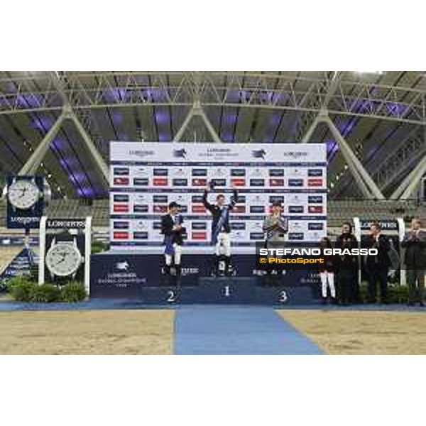 LGCT of Doha - Overall standing Prize giving ceremony - The podium: 1st Ben Maher (GBR), 2nd Harrie Smolders (NED), 3rd Nicola Philippaerts (BEL). Sheikha Moza Bint Nasser Al Missned, Jan Tops (President of LGCT and co-founder of GCL), Charles Villoz (VP and Head of International Sales at Longines), Sheikh Joaan Bin Hamad Al Thani - Doha - Al Shaqab, 10 November 2018 - ph.Stefano Grasso/LGCT
