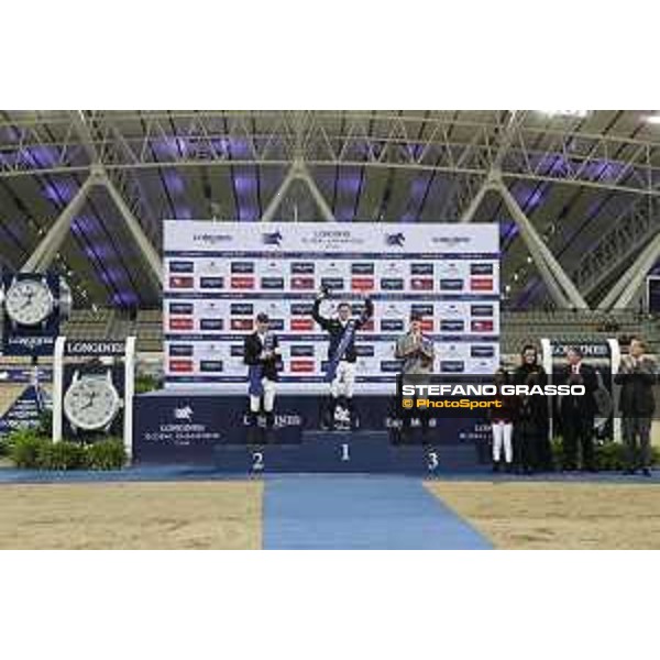 LGCT of Doha - Overall standing Prize giving ceremony - The podium: 1st Ben Maher (GBR), 2nd Harrie Smolders (NED), 3rd Nicola Philippaerts (BEL). Sheikha Moza Bint Nasser Al Missned, Jan Tops (President of LGCT and co-founder of GCL), Charles Villoz (VP and Head of International Sales at Longines), Sheikh Joaan Bin Hamad Al Thani - Doha - Al Shaqab, 10 November 2018 - ph.Stefano Grasso/LGCT