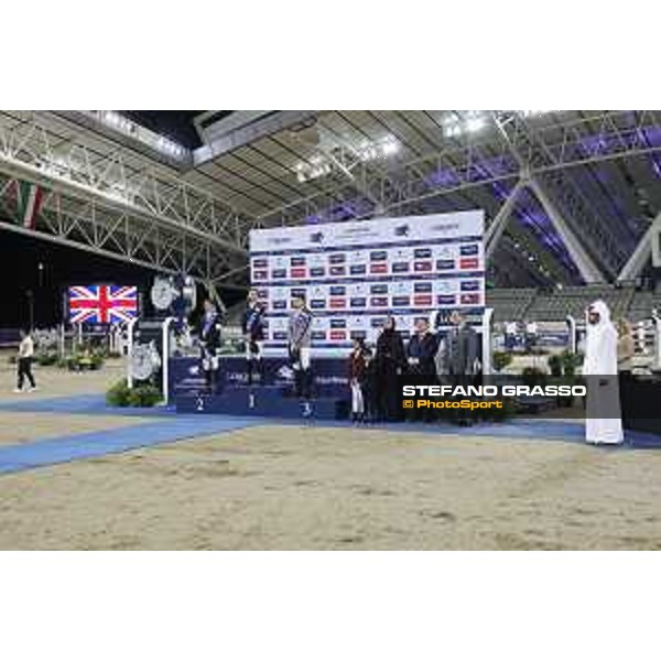 LGCT of Doha - Overall standing Prize giving ceremony - The podium: 1st Ben Maher (GBR), 2nd Harrie Smolders (NED), 3rd Nicola Philippaerts (BEL). Sheikha Moza Bint Nasser Al Missned, Jan Tops (President of LGCT and co-founder of GCL), Charles Villoz (VP and Head of International Sales at Longines), Sheikh Joaan Bin Hamad Al Thani - Doha - Al Shaqab, 10 November 2018 - ph.Stefano Grasso/LGCT