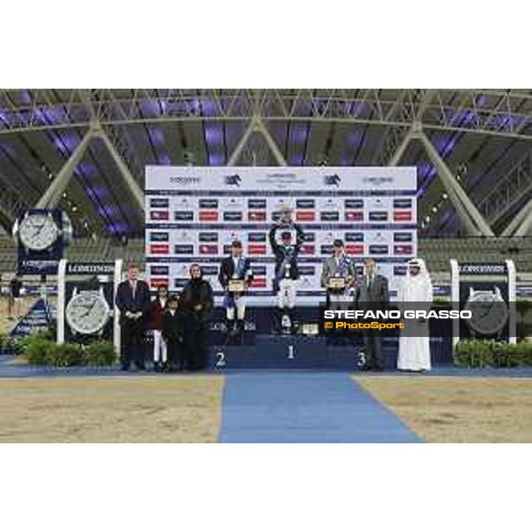 LGCT of Doha - Overall standing Prize giving ceremony - The podium: 1st Ben Maher (GBR), 2nd Harrie Smolders (NED), 3rd Nicola Philippaerts (BEL). Sheikha Moza Bint Nasser Al Missned, Jan Tops (President of LGCT and co-founder of GCL), Charles Villoz (VP and Head of International Sales at Longines), Sheikh Joaan Bin Hamad Al Thani - Doha - Al Shaqab, 10 November 2018 - ph.Stefano Grasso/LGCT