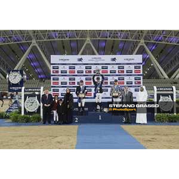 LGCT of Doha - Overall standing Prize giving ceremony - The podium: 1st Ben Maher (GBR), 2nd Harrie Smolders (NED), 3rd Nicola Philippaerts (BEL). Sheikha Moza Bint Nasser Al Missned, Jan Tops (President of LGCT and co-founder of GCL), Charles Villoz (VP and Head of International Sales at Longines), Sheikh Joaan Bin Hamad Al Thani - Doha - Al Shaqab, 10 November 2018 - ph.Stefano Grasso/LGCT