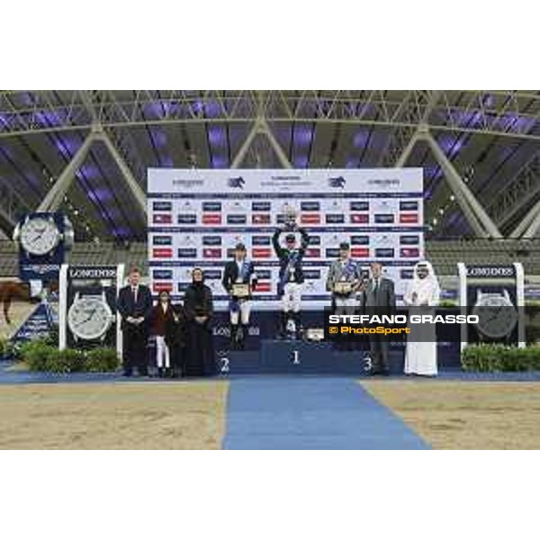 LGCT of Doha - Overall standing Prize giving ceremony - The podium: 1st Ben Maher (GBR), 2nd Harrie Smolders (NED), 3rd Nicola Philippaerts (BEL). Sheikha Moza Bint Nasser Al Missned, Jan Tops (President of LGCT and co-founder of GCL), Charles Villoz (VP and Head of International Sales at Longines), Sheikh Joaan Bin Hamad Al Thani - Doha - Al Shaqab, 10 November 2018 - ph.Stefano Grasso/LGCT