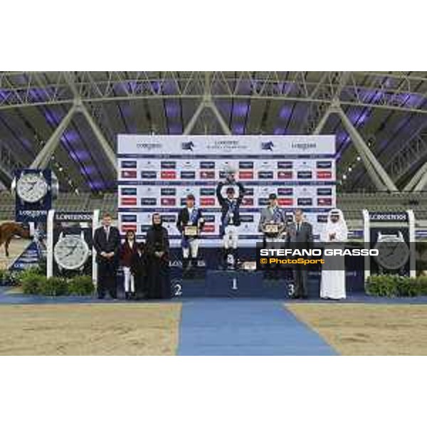 LGCT of Doha - Overall standing Prize giving ceremony - The podium: 1st Ben Maher (GBR), 2nd Harrie Smolders (NED), 3rd Nicola Philippaerts (BEL). Sheikha Moza Bint Nasser Al Missned, Jan Tops (President of LGCT and co-founder of GCL), Charles Villoz (VP and Head of International Sales at Longines), Sheikh Joaan Bin Hamad Al Thani - Doha - Al Shaqab, 10 November 2018 - ph.Stefano Grasso/LGCT