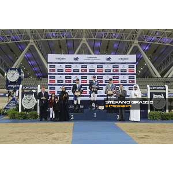 LGCT of Doha - Overall standing Prize giving ceremony - The podium: 1st Ben Maher (GBR), 2nd Harrie Smolders (NED), 3rd Nicola Philippaerts (BEL). Sheikha Moza Bint Nasser Al Missned, Jan Tops (President of LGCT and co-founder of GCL), Charles Villoz (VP and Head of International Sales at Longines), Sheikh Joaan Bin Hamad Al Thani - Doha - Al Shaqab, 10 November 2018 - ph.Stefano Grasso/LGCT