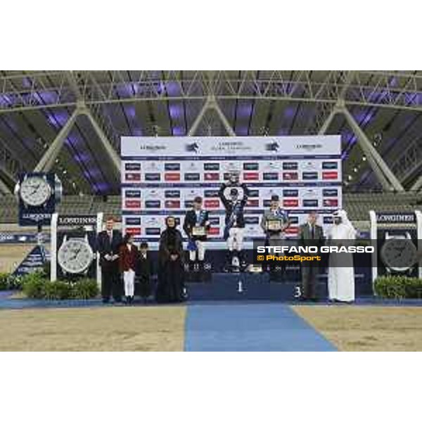 LGCT of Doha - Overall standing Prize giving ceremony - The podium: 1st Ben Maher (GBR), 2nd Harrie Smolders (NED), 3rd Nicola Philippaerts (BEL). Sheikha Moza Bint Nasser Al Missned, Jan Tops (President of LGCT and co-founder of GCL), Charles Villoz (VP and Head of International Sales at Longines), Sheikh Joaan Bin Hamad Al Thani - Doha - Al Shaqab, 10 November 2018 - ph.Stefano Grasso/LGCT
