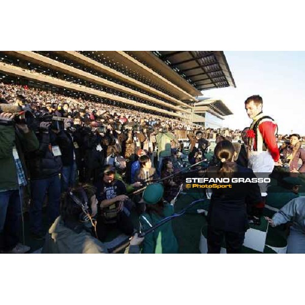 an happy Mirco Demuro interviwed in front of more than 100.000 racegoers after winning the Japan Cup at Fuchu racecourse. Tokyo, 30th nov. 2008 ph. Stefano Grasso