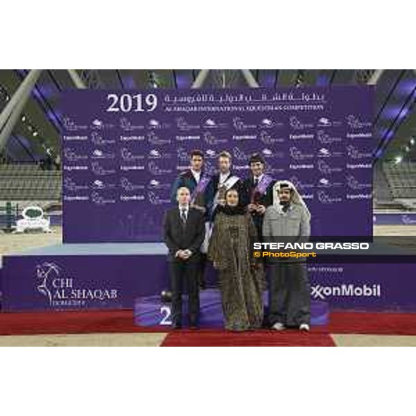 CHI Al Shaqab - Grand Prix - Prize giving ceremony - Pieter Devos (BEL), Nicola Philippaerts (BEL), Emanuele Gaudiano (ITA), Sheikha Moza bint Nasser Al Missned, Sheikh Johan Bin Hamad Al Thani - Doha, Al Shaqab - 9 March 2019 - ph.Stefano Grasso/CHI Al Shaqab