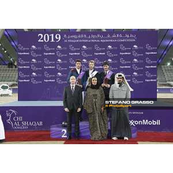 CHI Al Shaqab - Grand Prix - Prize giving ceremony - Pieter Devos (BEL), Nicola Philippaerts (BEL), Emanuele Gaudiano (ITA), Sheikha Moza bint Nasser Al Missned, Sheikh Johan Bin Hamad Al Thani - Doha, Al Shaqab - 9 March 2019 - ph.Stefano Grasso/CHI Al Shaqab