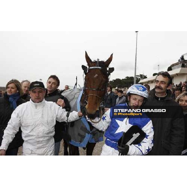 Sebastien Baude with Orlando Sport poses in the winner circle after winning the Prix du Luxembourg Paris - Vincennes, 24th january 2009 ph. Stefano Grasso