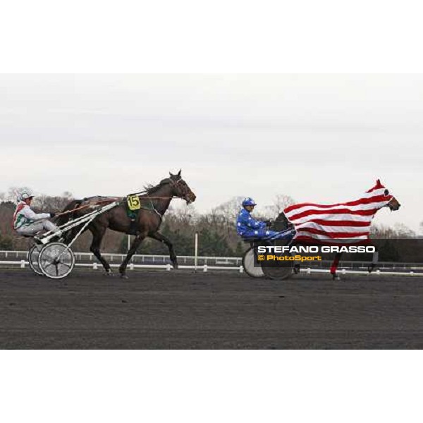 Frank Nivard with Meaulnes du Corta parades after winning the Prix d\' Amerique 2009 Paris-Vincennes, 25th january 2009 ph. Stefano Grasso