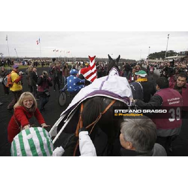 Frank Nivard with Meaulnes du Corta parading with the owner after winning the Prix d\' Amerique 2009 Paris-Vincennes, 25th january 2009 ph. Stefano Grasso