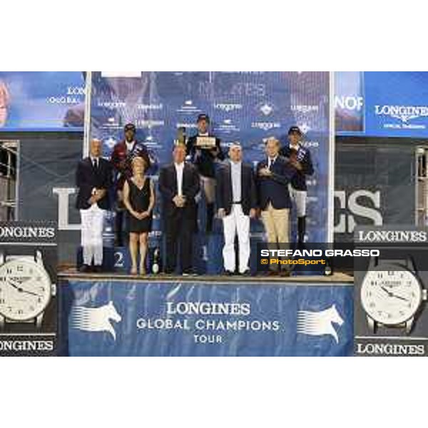 LGCT of Monaco - Grand Prix - Prize giving ceremony - The podium: 1st Maikel Van Der Vleuten (NED), 2nd Bassem Hassan Mohammed (QAT), 3rd Julien Epaillard (FRA). Diane Fissore, Charles Villoz, Jan Tops, Lars Windhorst, Longines watch - Monaco, Port Hercule - 29 June 2019 - ph.Stefano Grasso/LGCT
