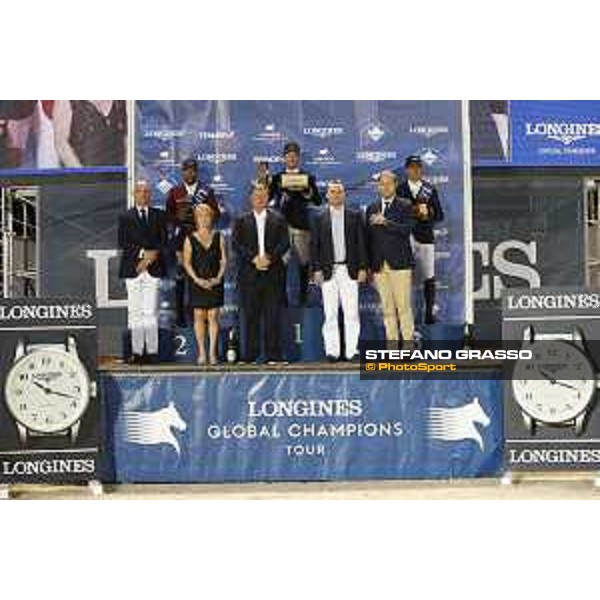 LGCT of Monaco - Grand Prix - Prize giving ceremony - The podium: 1st Maikel Van Der Vleuten (NED), 2nd Bassem Hassan Mohammed (QAT), 3rd Julien Epaillard (FRA). Diane Fissore, Charles Villoz, Jan Tops, Lars Windhorst, Longines watch - Monaco, Port Hercule - 29 June 2019 - ph.Stefano Grasso/LGCT