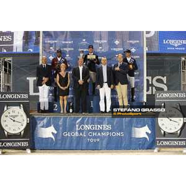 LGCT of Monaco - Grand Prix - Prize giving ceremony - The podium: 1st Maikel Van Der Vleuten (NED), 2nd Bassem Hassan Mohammed (QAT), 3rd Julien Epaillard (FRA). Diane Fissore, Charles Villoz, Jan Tops, Lars Windhorst, Longines watch - Monaco, Port Hercule - 29 June 2019 - ph.Stefano Grasso/LGCT