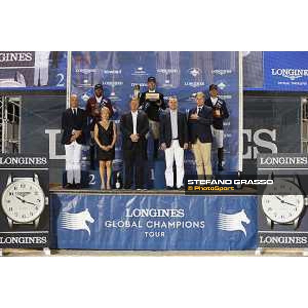 LGCT of Monaco - Grand Prix - Prize giving ceremony - The podium: 1st Maikel Van Der Vleuten (NED), 2nd Bassem Hassan Mohammed (QAT), 3rd Julien Epaillard (FRA). Diane Fissore, Charles Villoz, Jan Tops, Lars Windhorst, Longines watch - Monaco, Port Hercule - 29 June 2019 - ph.Stefano Grasso/LGCT